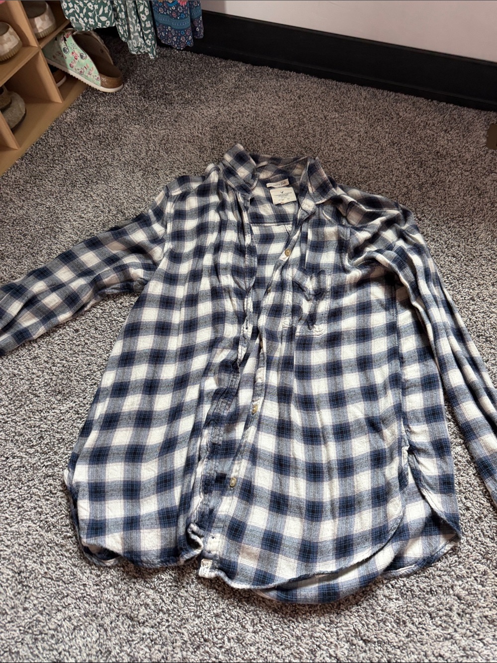 American Eagle Outfitters Blue and White Plaid Button-Down Shirt